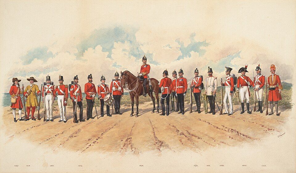 The Corps traces its origin to 28 October 1664, when the Duke of York and Albany's Maritime Regiment of Foot was raised for the Second Anglo-Dutch War. No picture from 1664 itself was found; this 1896 plate looks back over the uniforms since 1664.