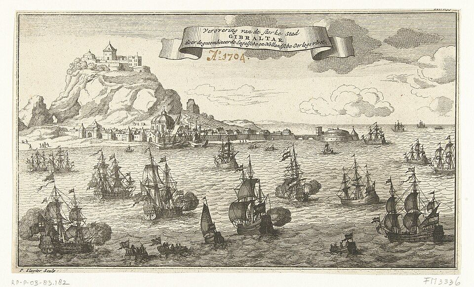 A Dutch print of the Anglo-Dutch fleet taking Gibraltar. English marines' best-known achievement of the period was taking part in this capture and the siege that followed. Individual marines can't be picked out in the print.