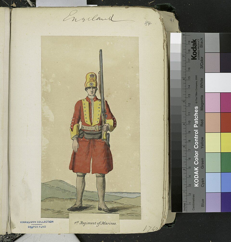 A uniform plate captioned 'Great Britain. England, 1742. 1st Regiment of Marines', from the period when marine regiments served in the War of the Austrian Succession.