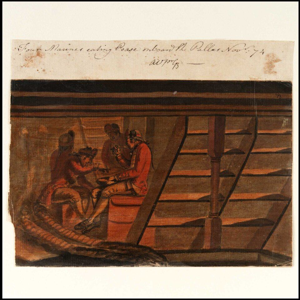 'Four Marines eating Pease on board the Pallas, Novr 74', drawn from life by a naval officer: a mess of uniformed marines below an upper-deck hatchway. His Majesty's Marine Forces had been placed under Admiralty control in 1755.