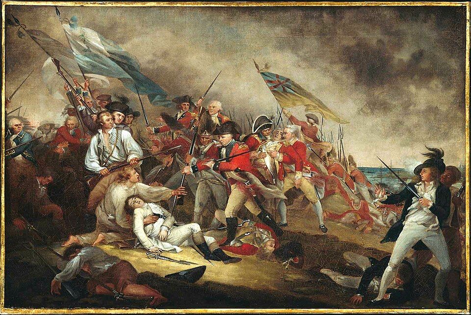 Marines under Major John Pitcairn captured the American redoubt at Bunker Hill, and Pitcairn was killed. The painting's key identifies Pitcairn falling back, dying, in his son's arms.