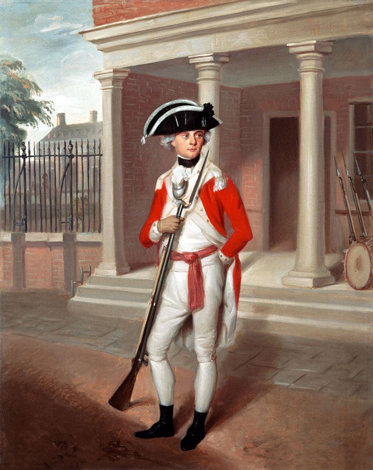 Lieutenant George Belson, Corps of Marines, outside the Guard Room of the Marine Barracks, Chatham. Chatham was one of the three marine divisions set up in 1755.