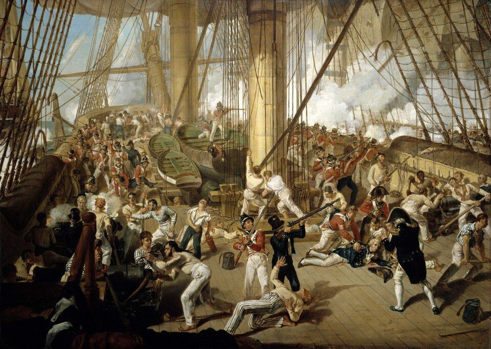 Painted many years after the event. Royal Marine Sergeant Secker is already at the fallen Nelson's side, and a marine prepares to fire. The museum notes this is an impression, not an eyewitness record. The title 'Royal Marines' dates from 29 April 1802.