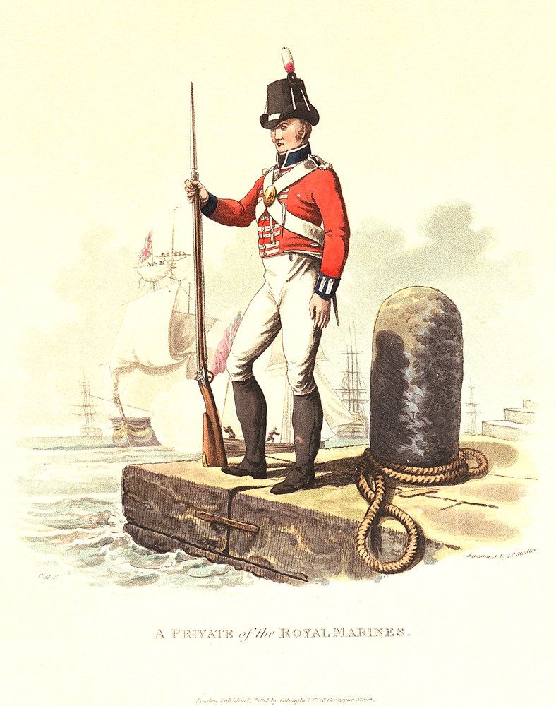 The uniform of a Royal Marines private at the end of the Napoleonic Wars, when Royal Marines served in almost every naval battle and in many amphibious landings.