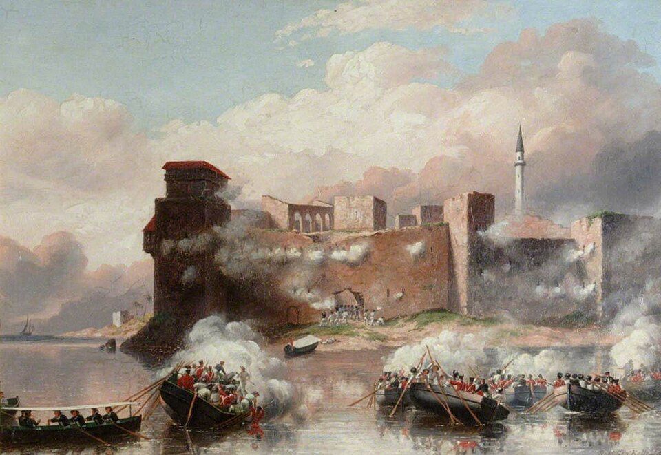 Boats of HM frigates Carysfort and Zebra carry 50 Royal Marines under Lieutenant R. H. Harrison to attack the castle of Tortosa. The title and date come from the Royal Marines Museum record on Art UK.