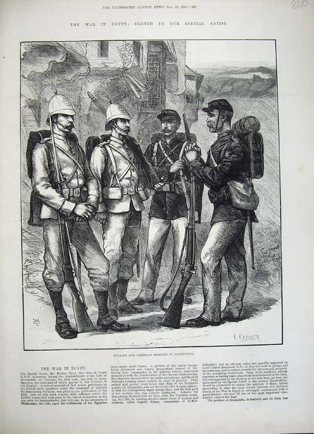 Two Royal Marines and two United States Marines in Alexandria, Egypt, during the 1882 intervention, as shown in the Illustrated London News.