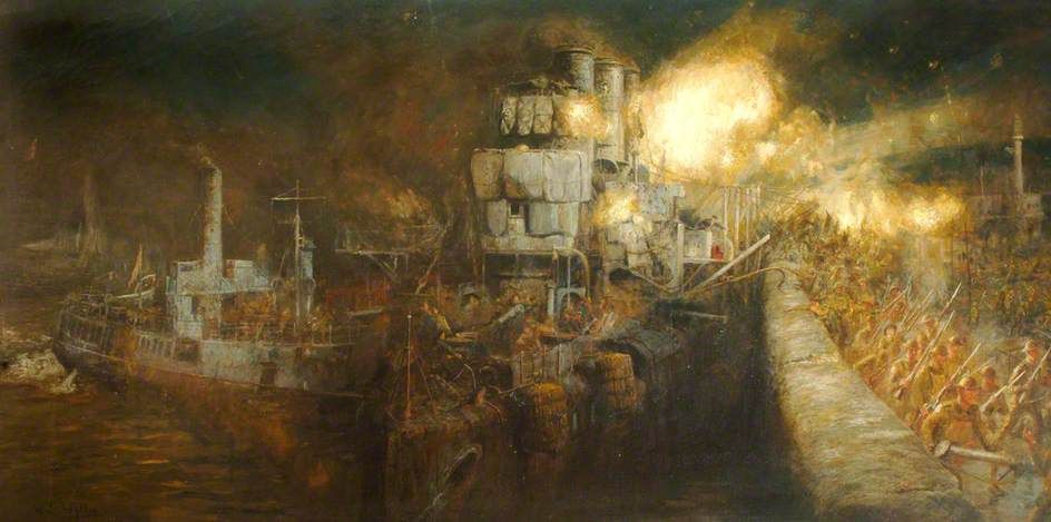 'The Storming of Zeebrugge Mole, St George's Day, 23 April 1918'. Royal Marines took part in the raid, and two of their five First World War VCs were won there.