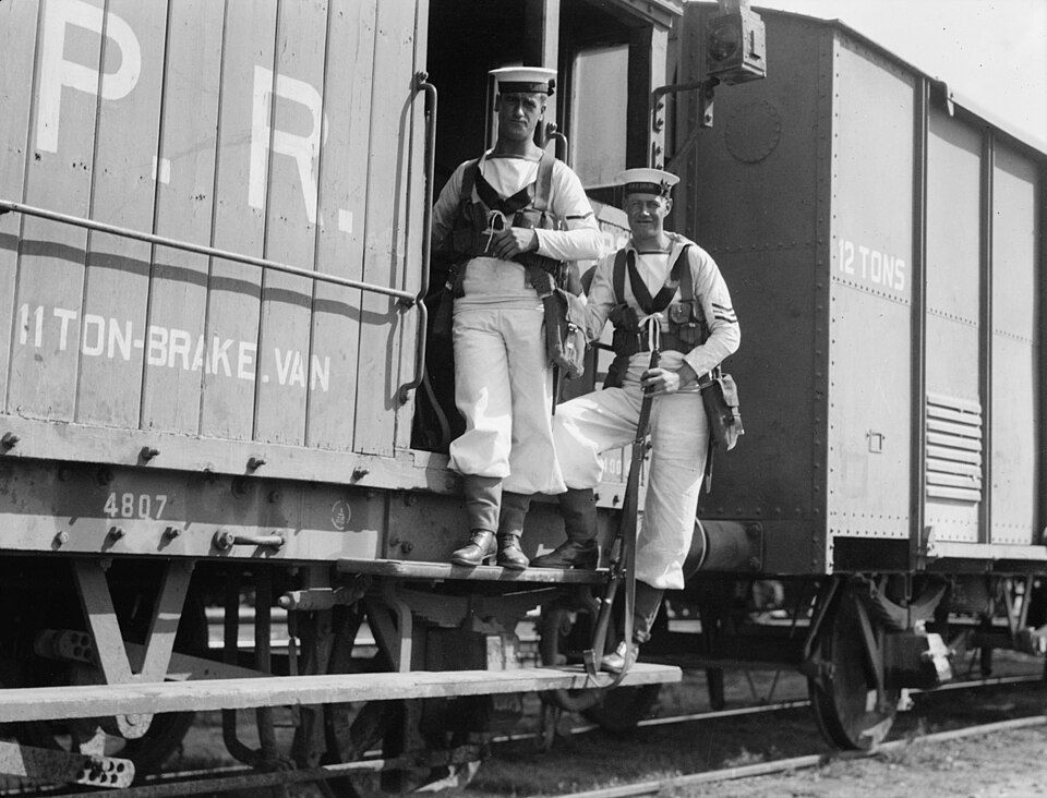 Library of Congress title: 'Palestine disturbances 1936. British marines as breaksmen on Palestine railroads.' This is after the RMA and RMLI merged into one Corps on 22 June 1923.