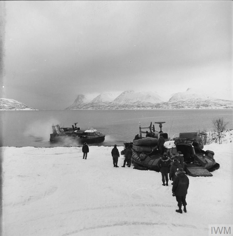 An SR.N6 hovercraft loaded with Royal Marines raiding craft heads up the Norwegian coast. It was taking part in the mountain and Arctic warfare training of 45 Commando, then assigned to NATO's northern flank.
