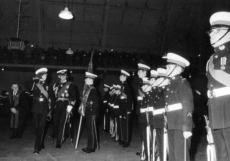 Prince Charles inspecting the Royal Marines Band Service (RMVBC) Portsmouth Division, the last image before the 1980 cut-off.